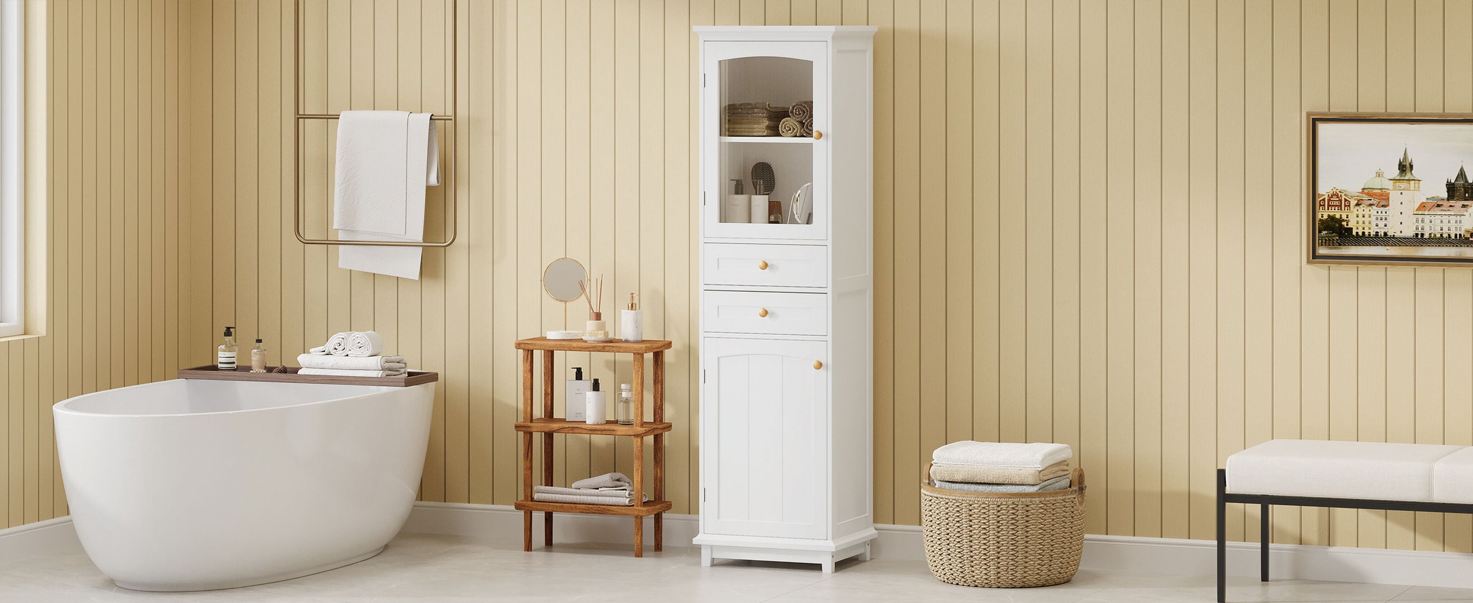 MAYEERTY 63" Freestanding Tall Bathroom Storage Cabinet - With Glass Doors, Vertical Organizer for Bathroom Essentials