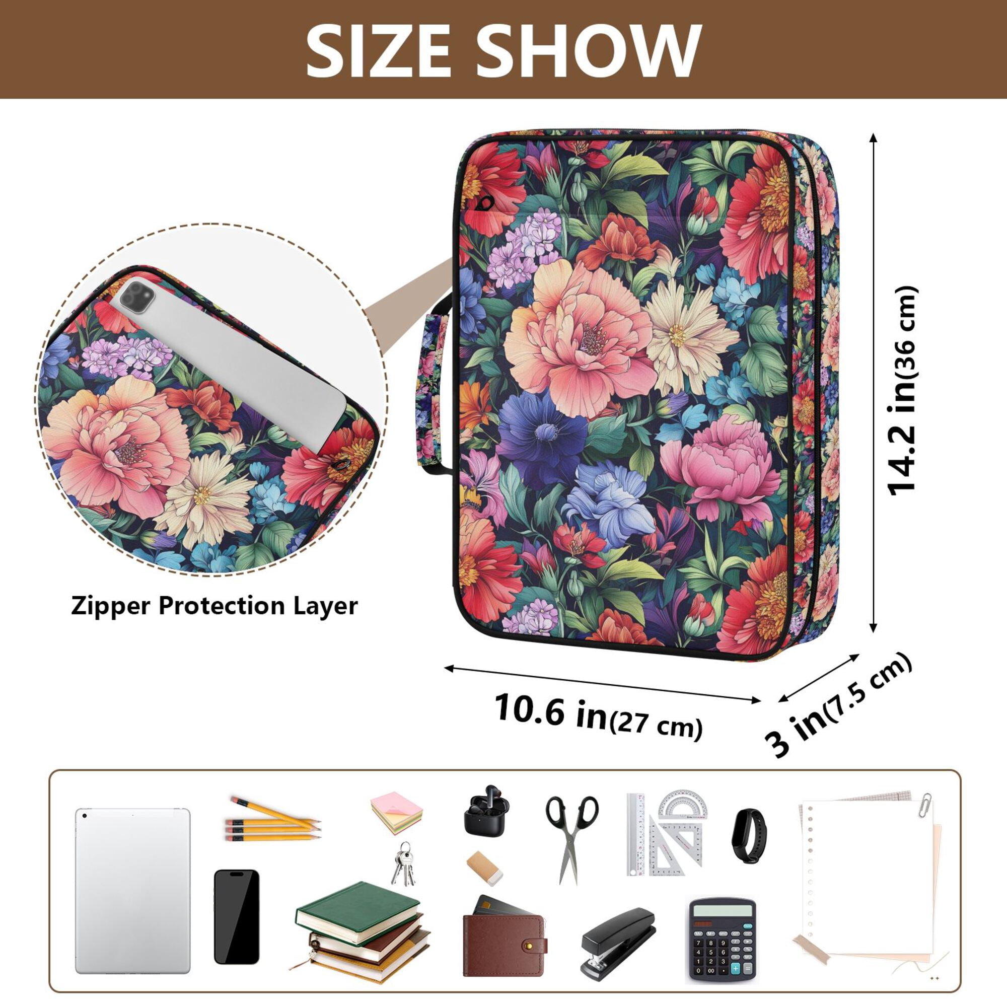 FORMRS Accordion File Folder A4 Size 7-Pocket Expanding Document Organizer Bag with 3 Ring Binder, Vibrant Pink Floral Pattern
