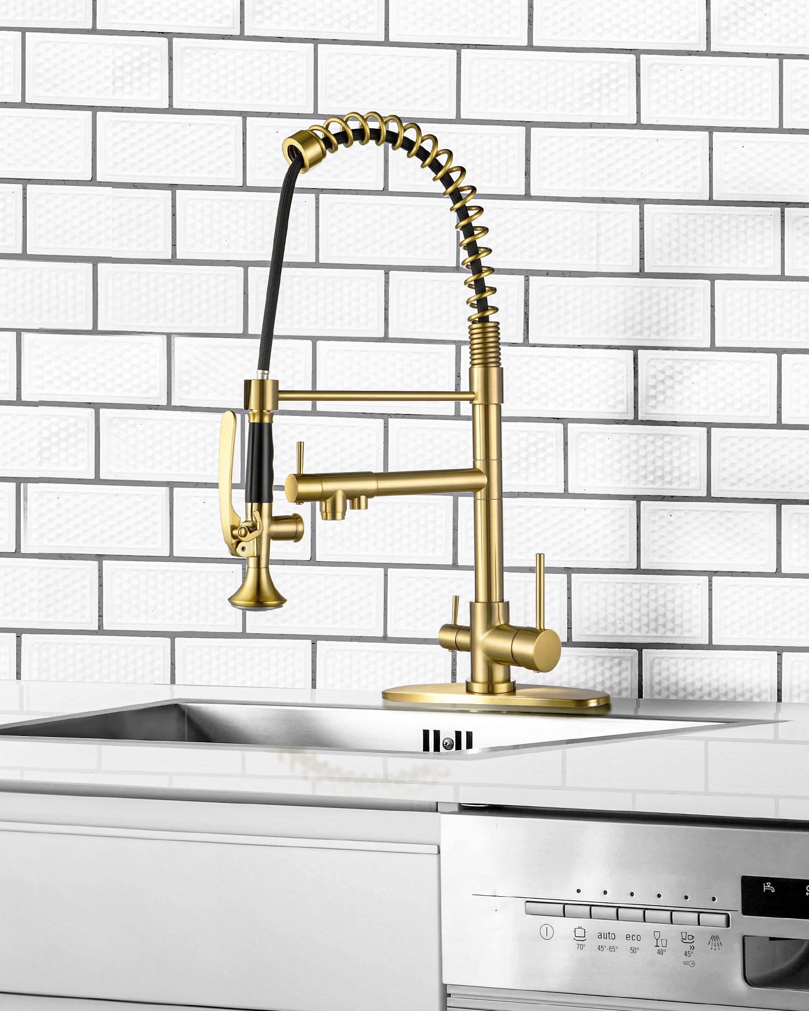 WOWOW Double-Handles Pull Down Sprayer Kitchen Faucet with Drinking Water for 1 or 3 Hole in Solid Brass in Gold