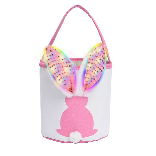 Bolsa de regalo con forma de conejito para el Día del Niño, con forma de cubo vacía y orejas de conejo iluminadas para buscar huevos de Pascua, decorar y guardar dulces (rosa)