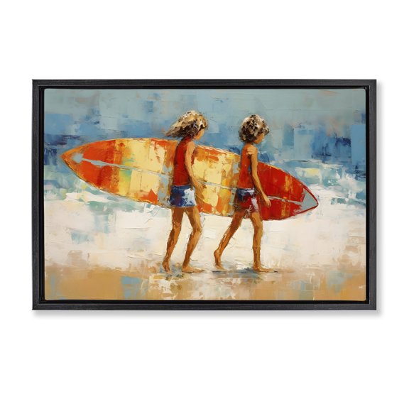 Stupell Industries Kids Holding Surfboard People Painting Black Floater Framed Canvas Art Print Wall Art, 25 x 17