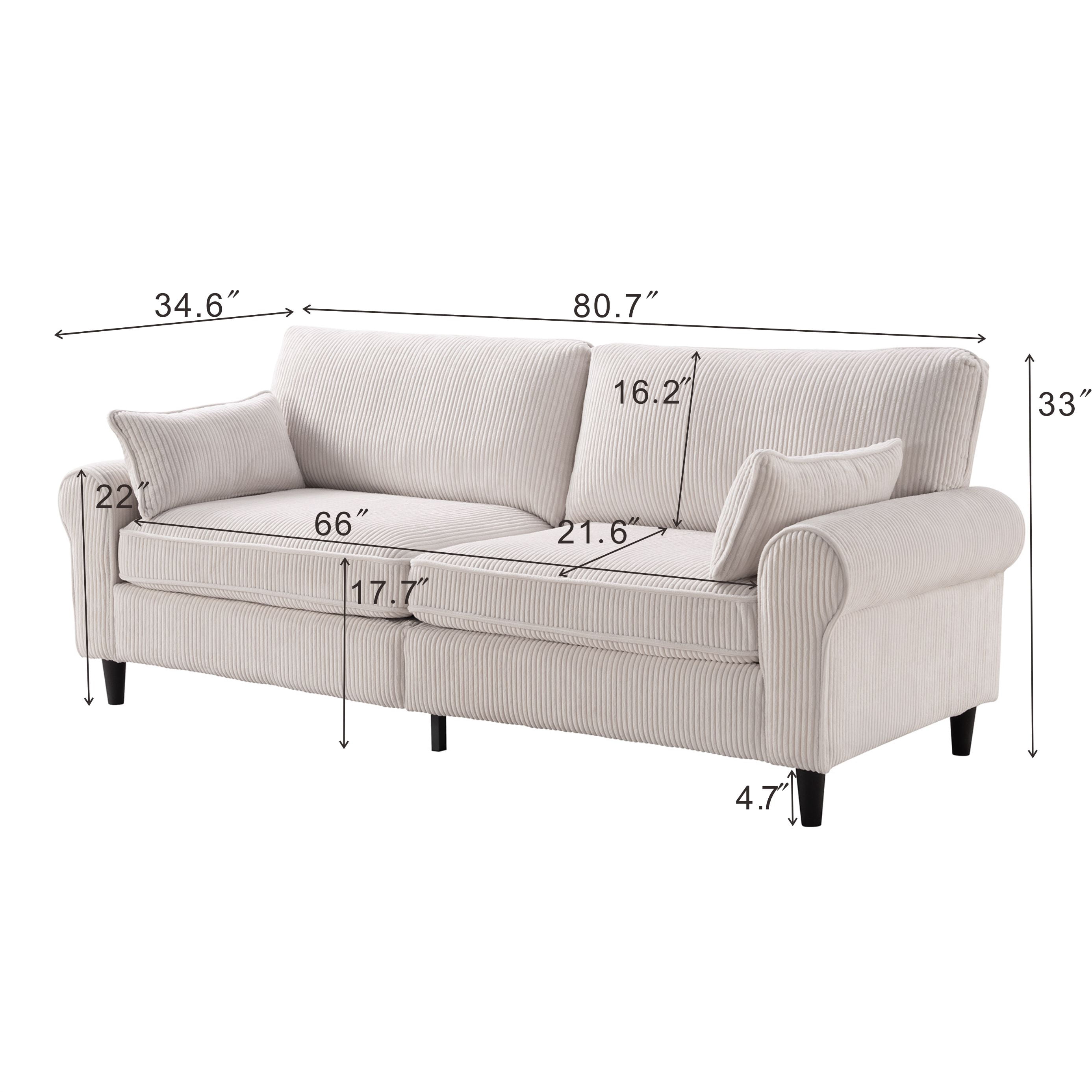 MOONMISS 80.7" Retro Corduroy Loveseat Sofa with Solid Wood Legs, 2-Seater Modern Upholstered Couch for Living Room,Bedroom,White
