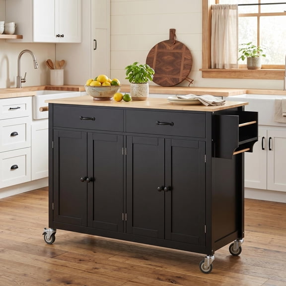 Homy Casa Rolling Kitchen Island Cart with Solid Wood Top, 4-Door Storage, 2 Drawers & Side Rack, Black, for Kitchen, Dining Room, Coffee Bar