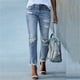 thumbnail image 4 of Moda Mujer Bolsillos Botón Cintura Media Flaco Ripped Jeans Pantalones Agujero Pantalones de Mezclilla Odeerbi ODB-6, 4 of 9