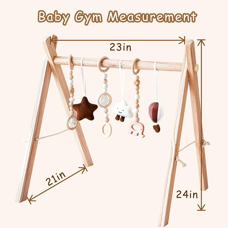 Wooden Baby Play Gym with Mat, Foldable Baby Play Gym Frame Activity Gym  Hanging Bar with 5 Gym Baby Toys Rainbow Playmats Gift for Newborn Baby