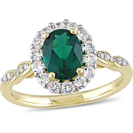 Tangelo 1-5/8 Carat T.G.W. Created Emerald, White Topaz and Diamond Accent 14kt Yellow Gold Vintage Engagement Ring
