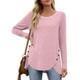 thumbnail image 2 of WTOBBY Fashionable Women's Long Sleeve Solid Color Button Detail Top Round Neck Casual Wear Breathable Material Perfect for Office or Weekend Layering Piece Stretch Fit,Pink M, 2 of 5