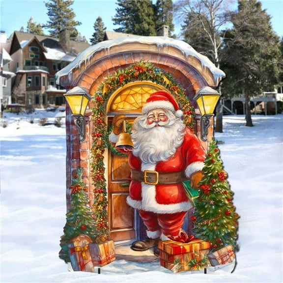 32 x 25 in. Knocking the Door Santa Outdoor Christmas Santa Snowman Decor