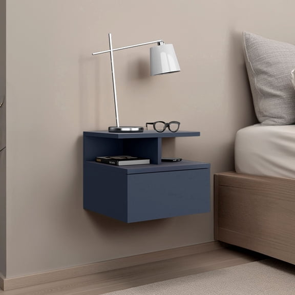 Adele Floating Nightstand with Single Drawer and Two Lower Storage Shelves, Wall-Mounted