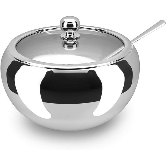 Sugar Bowl, Stainless Steel Drum Shape Sugar Pot with Clear Lid and Spoon, 500 Milliliter(16.9 OZ) for Home & Kitchen