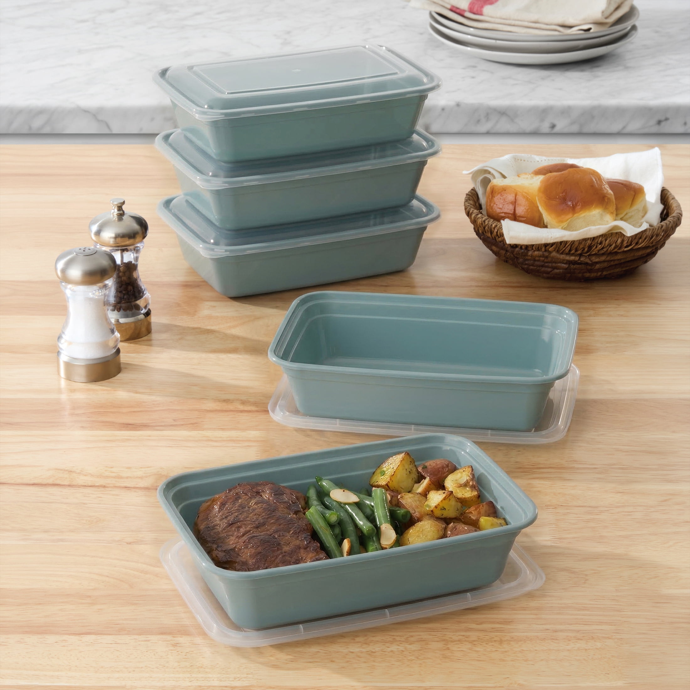 Mainstays 5-Pack 1-Compartment BPA-Free Plastic Meal Prep Food Storage Containers, 1L, Blue Cameo