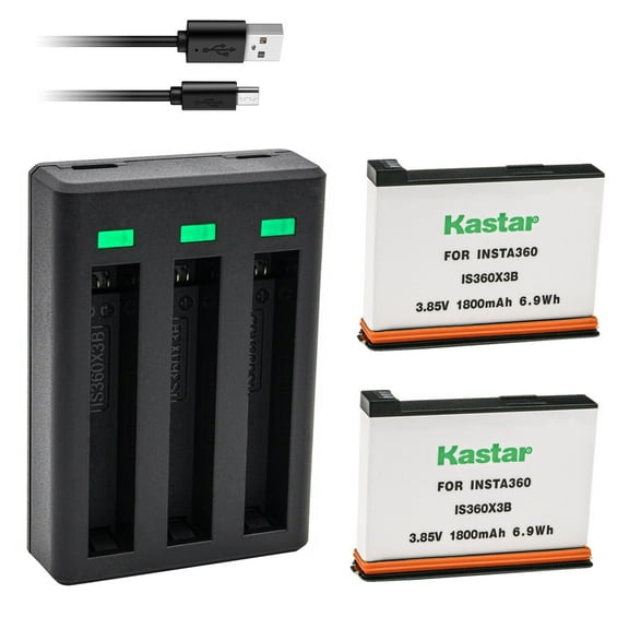 Kastar 2-Pack IS360X3B Battery and Triple USB Charger Compatible with Insta 360 X3 Rechargeable Lithium Polymer Battery, Insta360 X3 72MP Waterproof 5.7K 360° VR AI Action Helmet Camera