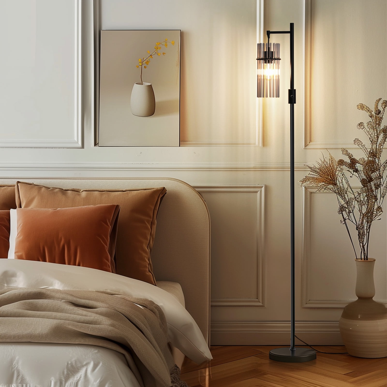 Industrial Floor Lamps for Living Room, Dimmable Floor Lamp Modern Standing Lamps with Glass Lampshade, Rotary Switch, LED Bulbs, Tall Lamps for Bedroom, Office (1 Lampshade