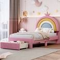 thumbnail image 3 of Bellemave Twin Size Kids Bed with Rainbow Design and Storage Drawer, Princess Upholstered Platform Bed with Crown Headboard, Cute Twin Bed with Wooden Slats Support for Teens Girls Boys Bedroom, Pink, 3 of 8