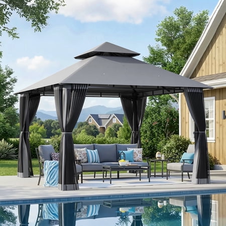 BREEZESTIVAL 10X10ft Patio Gazebo Outdoor Gazebo with Double Roof Metal Frame Canopy Carpas Para Patio Heavy Duty Shelter with Mosquito Net Screen for Backyard Lawn Garden Deck(Grey)