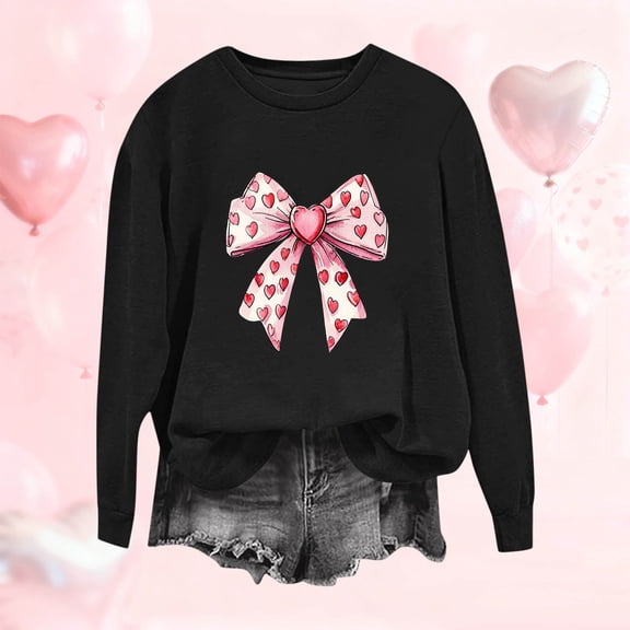 NTACZA Black Tops for Women 2026 Cute Valentine's Day Long Sleeve Sweatshirt Plus Size Bow Print Funny Shirts for Women L