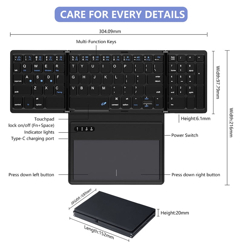 BOW Foladable Bluetooth Keyboard with Touchpad Pocket Folding Keyboard for Laptop Phone Tablet Wireless Rechargeable Keyboard