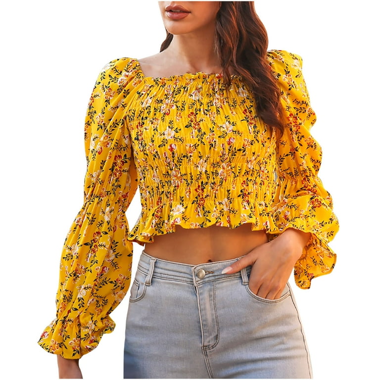RQYYD Women Floral Print Smocked Crop Top Dressy Casual Long Sleeve Square  Neck Blouse Fall Puff Lantern Sleeve Tops
