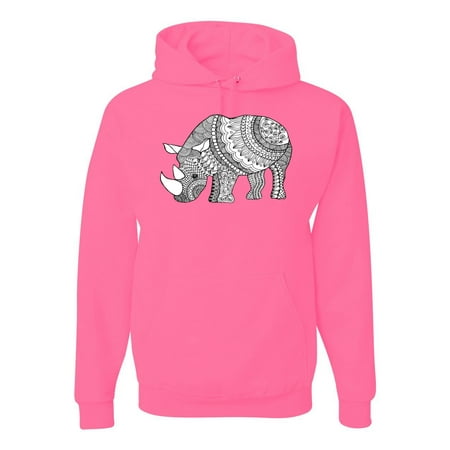 Black and White Mosaic Retro Mandala Rhino Animal Lover Graphic Hoodie Sweatshirt  Neon Pink  Small