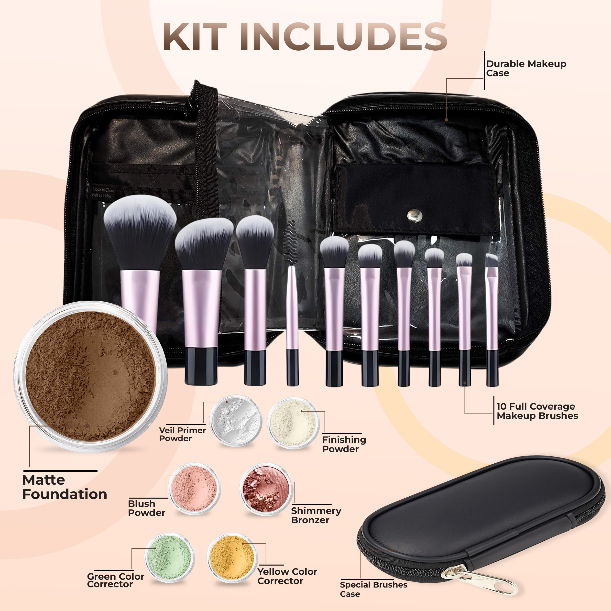 15 pc STARTER KIT w/BRUSHES & CASE (EBONY) Mineral Makeup Foundation Blush Bronzer Illuminating Veil Set Bare Skin Matte Powder