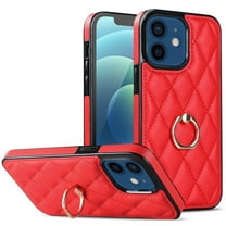 Dteck Case for iPhone 12 6.1-inch,Shockproof Leather Grid Case 360°Rotatable Ring Holder Kickstand Hybrid Rubber Cover,Red