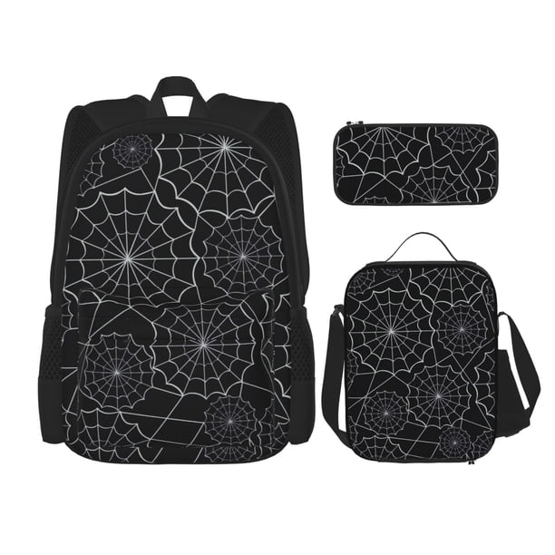Disketp Spider Web Black Mochila Estampada de Gran Capacidad con Lonchera y Estuche, Set de 3 Piezas para Estudiantes