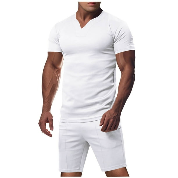 Pantalones de Cordón para Hombre Color Sólido Casual Ejercicio Bolsillo Pantalones Cortos Manga Corta V-Cuello Blusas Conjuntos