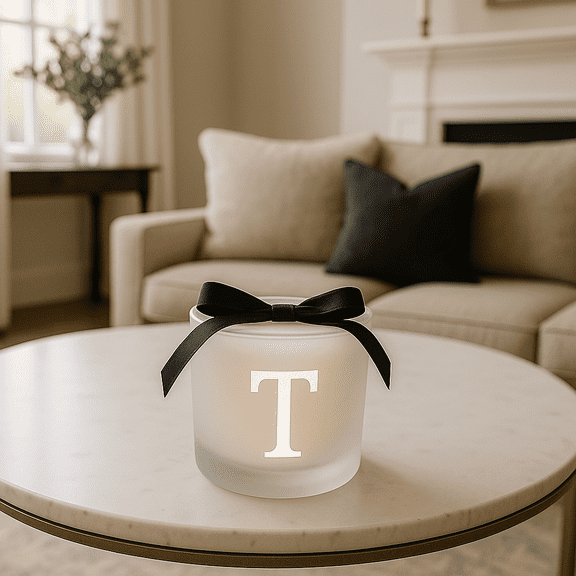 Monogram Scented Candles Silver with Black Gift Bow Frosted Personalized Mirror Monogrammed Letter Candle Gifts 3" in Fitted Box - Letter T