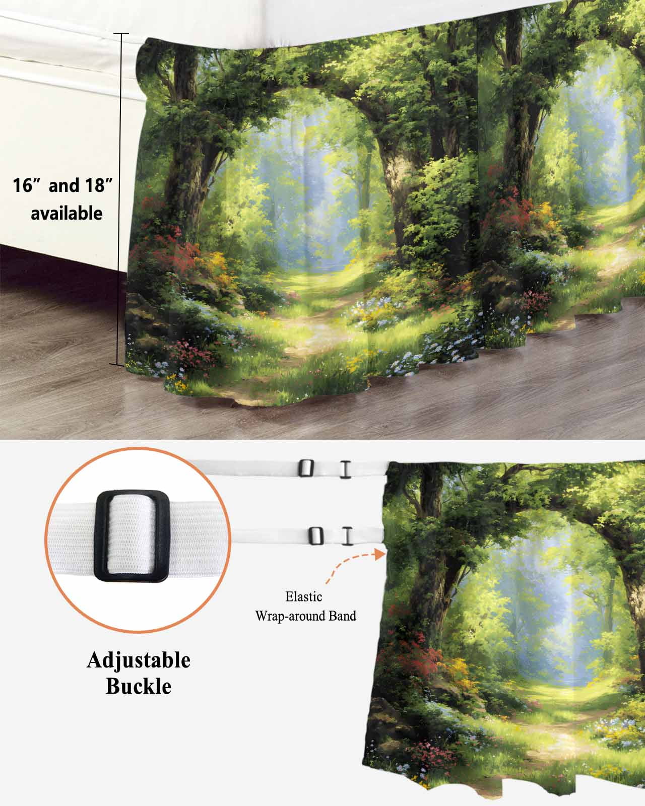 Spring Forest Bed Skirt Queen Size 16 Inch Drop, Spring Green Trees Floral Grass Plant Forest Adjustable Elastic Dust Ruffles Bedskirt for Queen Bed Wrap Around Pleated Mattress Frame Cover