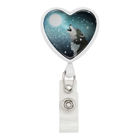 Howling Wolf with Moon and Snow Heart Lanyard Retractable Reel Badge ID Card Holder