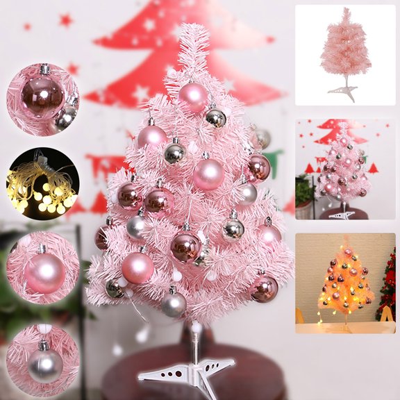 Pink 18 Inch Tabletop Christmas Tree for Girls with LED String Lights & Hanging Ornaments, Battery Powered DIY Mini Artificial Christmas Tree for Bedroom Decor Pink