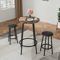 3-Piece Bar Table Set for Small Spaces, Includes a Counter Height Pub Table with Marble Pattern Top and 2 Stools, Brown and Black Finish with a Space-Saving Nesting Design for Apartments