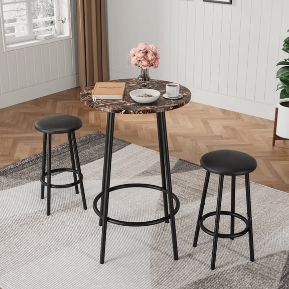 3-Piece Bar Table Set for Small Spaces, Includes a Counter Height Pub Table with Marble Pattern Top and 2 Stools, Brown and Black Finish with a Space-Saving Nesting Design for Apartments