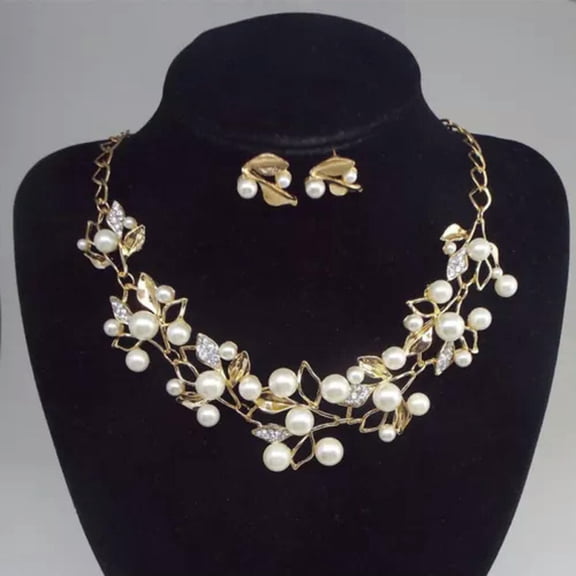 HOOUN Jewelry Set Rhinestone Pearl Necklace Women Bride Wedding Jewelry Gift-Gold