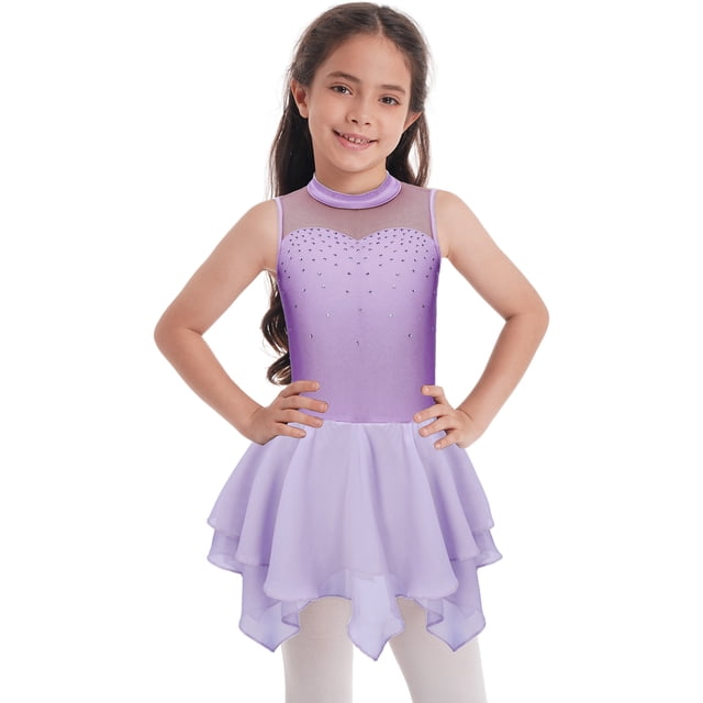 Sxiwei Justaucorps de Patinage Artistique pour Filles Enfants Robe en Maille avec Strass Patinage à Roulettes Danse Lavande 10