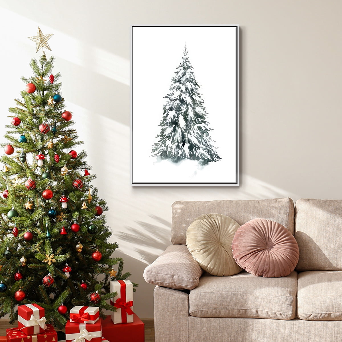 Blue Spruce II - Framed Gallery Wrapped Holiday Canvas - 17 x 25 - White Frame