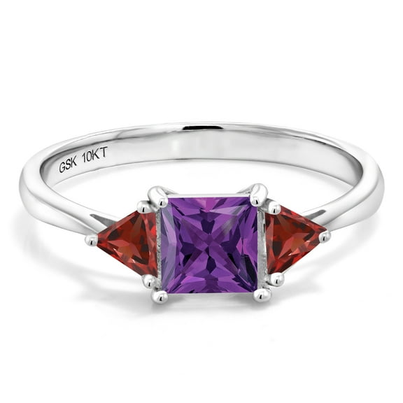 Gem Stone King 10K White Gold Purple Amethyst and Red Garnet 3 Stone Engagement Ring for Women | 1.05 Cttw | Gemstone February Birthstone | Princess Center 5MM and Trillion 3.5MM