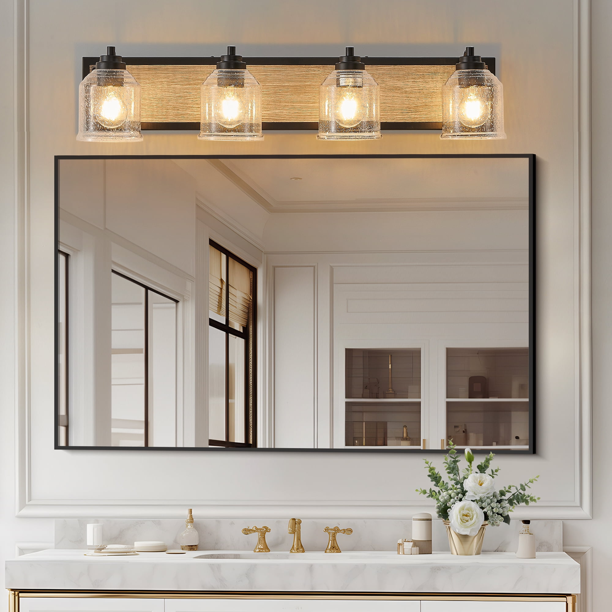 4-Light Farmhouse Bathroom Vanity Light, Brown Metal Vanity Light with Glass Shades,Rustic Wall Sconce Lighting Fixtures Over Mirror for Barhroom,Kitchen 31.5in