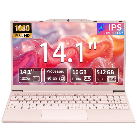 Exsurf 14.1" Windows 11 Pro Student Laptop, 16GB RAM 512GB SSD, Intel Celeron N5100 Computer, 1080p Screen,Pink
