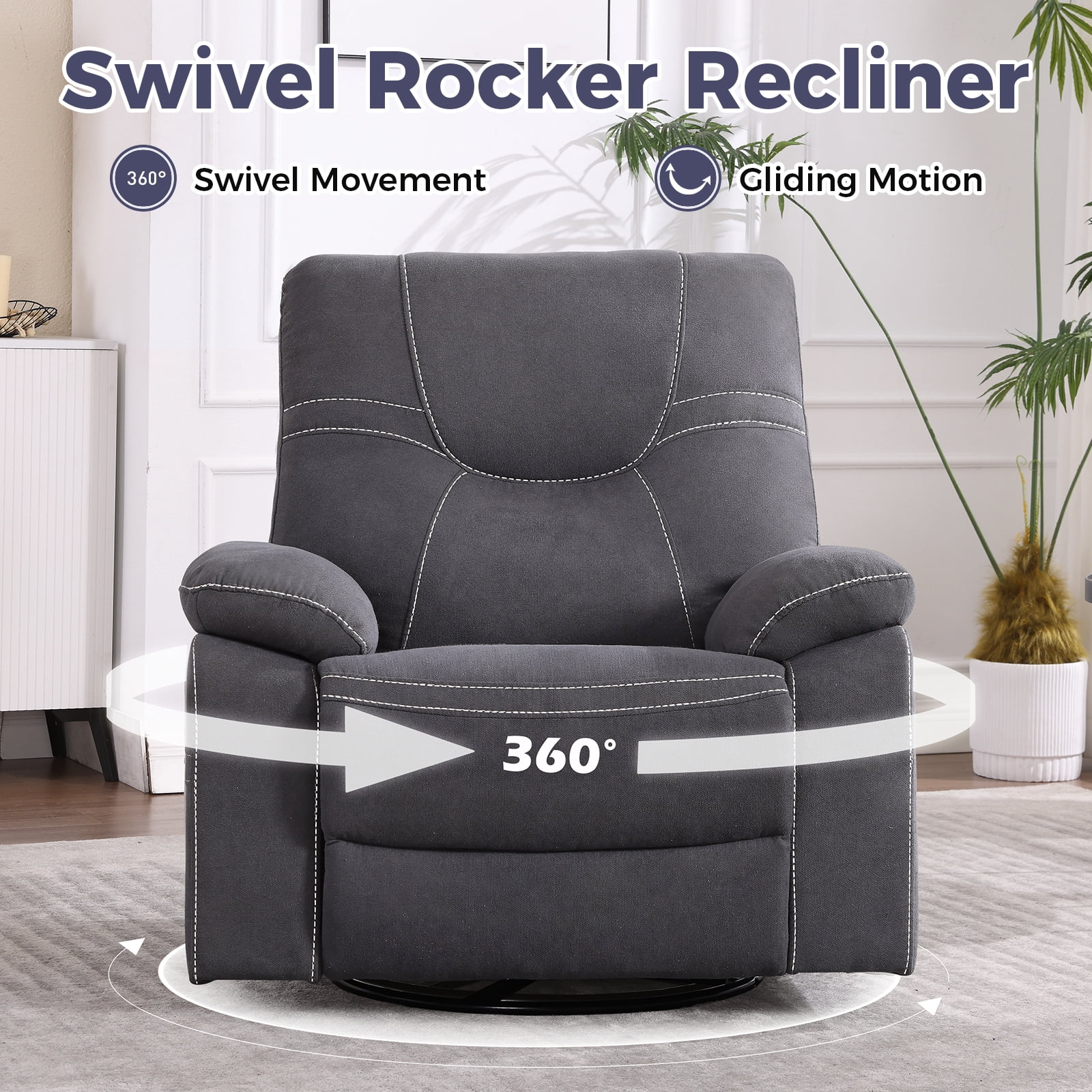 Bonzy Home Swivel Rocker Recliner Chair Manual Recliner Sofa for Living Room Gray