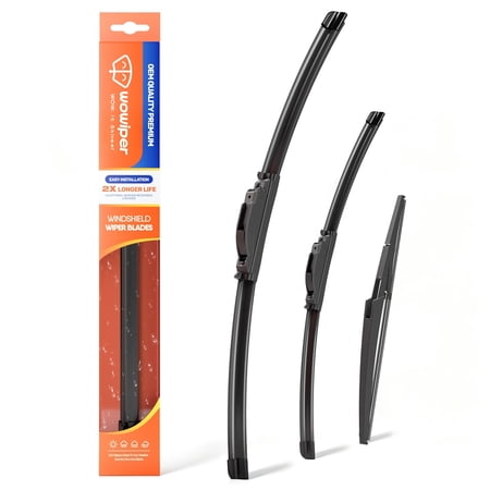 WOWIPER 3 Pack Beam Windshield Wiper Blades, Front & Rear Replacement Wipers, Premium Natural Rubber Frameless Design, J/U Hook, Quiet Streak-Free All-Season Performance