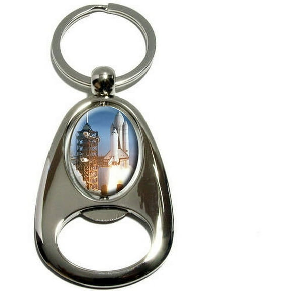 Space Shuttle Launch, Spaceship Columbia, Chrome Plated Metal Spinning Oval Design Bottle Opener Keychain Key Ring