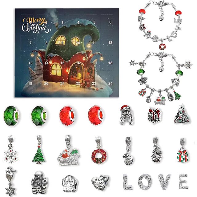Juego de joyas con calendario de adviento de Navidad para niños, caja ciega, pulsera DIY, cuenta atrás, regalo sorpresa de 24 días, joyería de moda