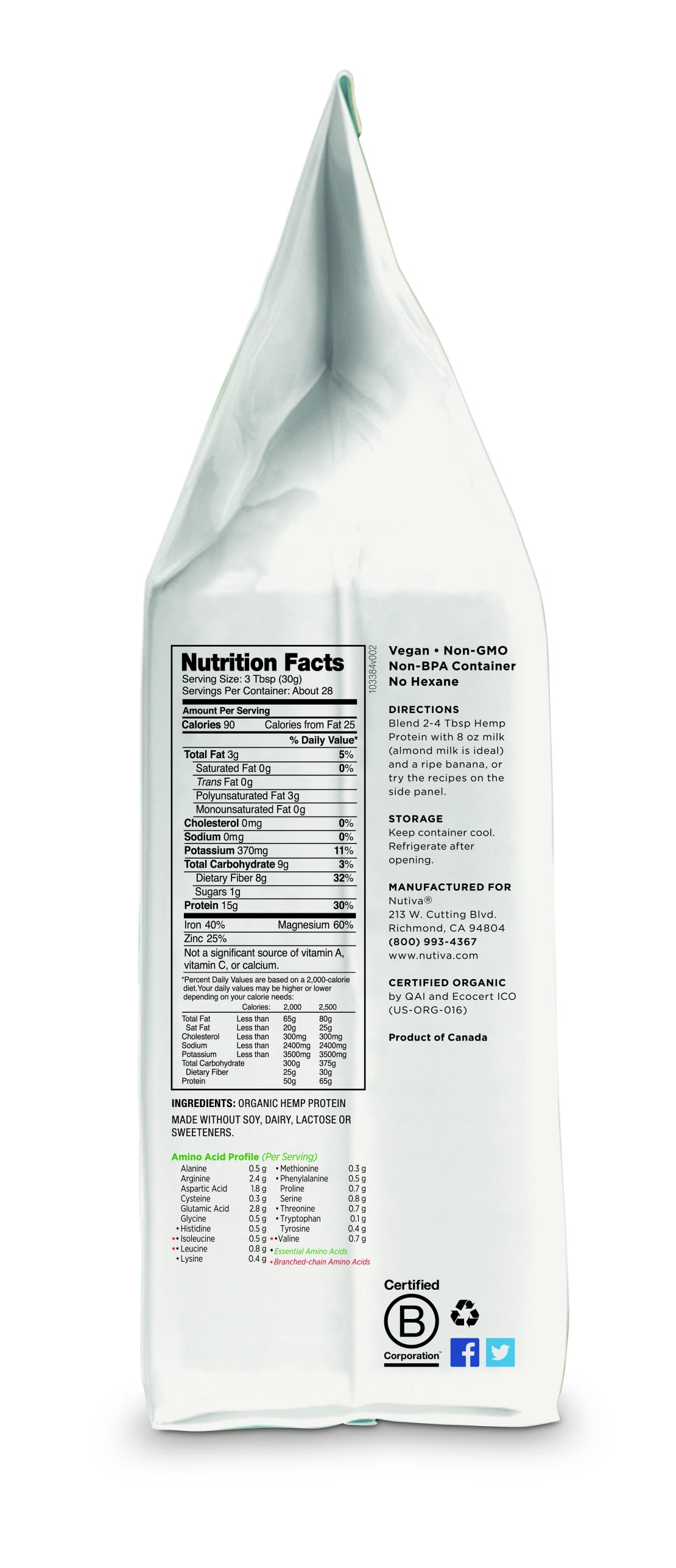Nutiva USDA Organic Cold-Pressed Raw Hemp Seed Plant Protein with Hi-Fiber and Essential Amino Acids Powder, Non-GMO, Whole 30 Approved, Vegan, Gluten-Free & Keto, 30 oz.