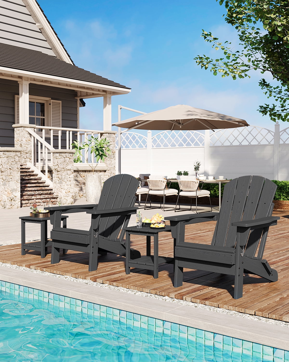 Folding Adirondack Chairs, HDPE Plastic Outdoor Chairs with Wood Texture - 380Lbs & Weather Resistant for Fire Pit, Deck, Patio, Pool, Backyard