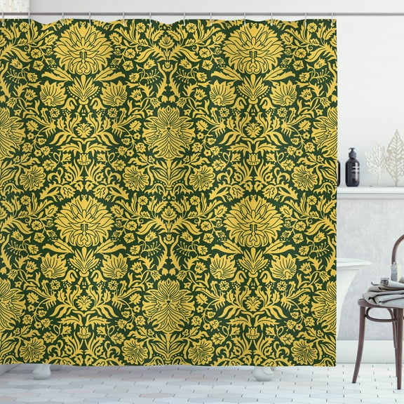Ambesonne Floral Shower Curtain, Baroque Flowers Motif, 69"Wx75"L, Green Earth Yellow