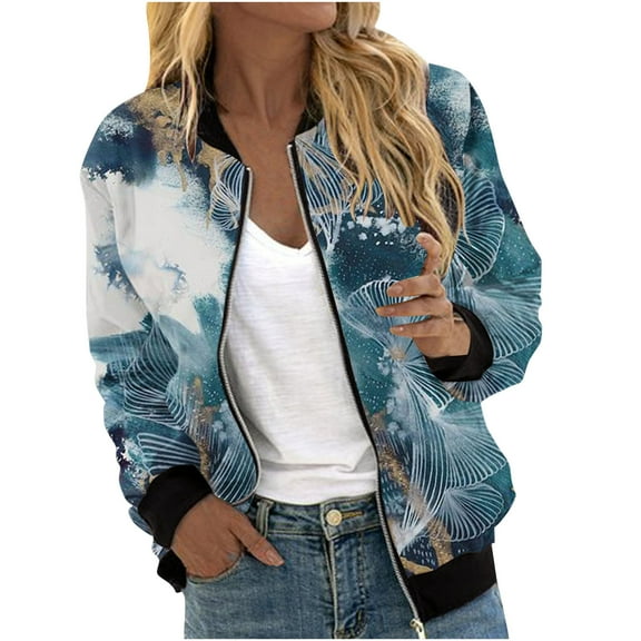 Herrnalise Women's Bomber Jacket Casual Coat Zip Up Outerwear Windbreaker Floral Prints Overcoat With Pockets Blue,L