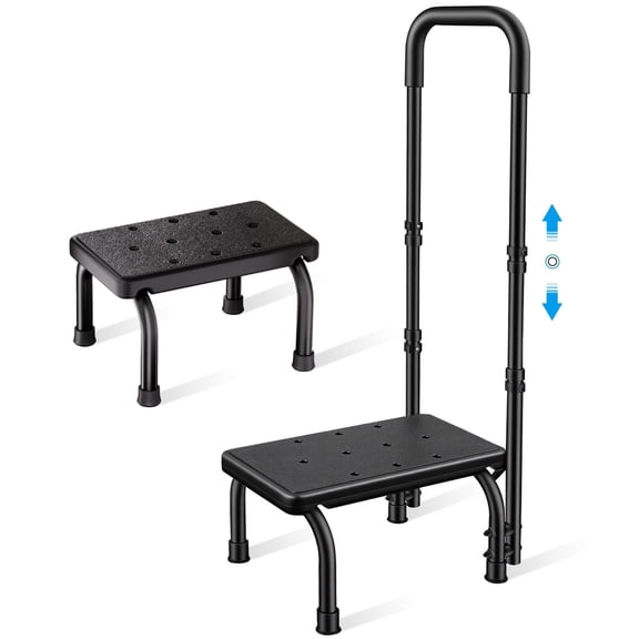 Step Stool with Adjustable Handle, Non-Slip Heavy Duty Step Stool for Elderly Holds 350 lbs, for Kitchen, Bathroom, Bedroom, Black, Steel