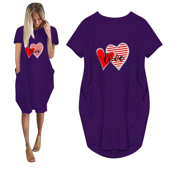 Dresses for Women 2023 Plus Size Summer Casual Midi Clearance Dresses For Women 2023 Women'S Summer Fashion Love Print Casual Short Sleeve Pocket Round Neck Dress