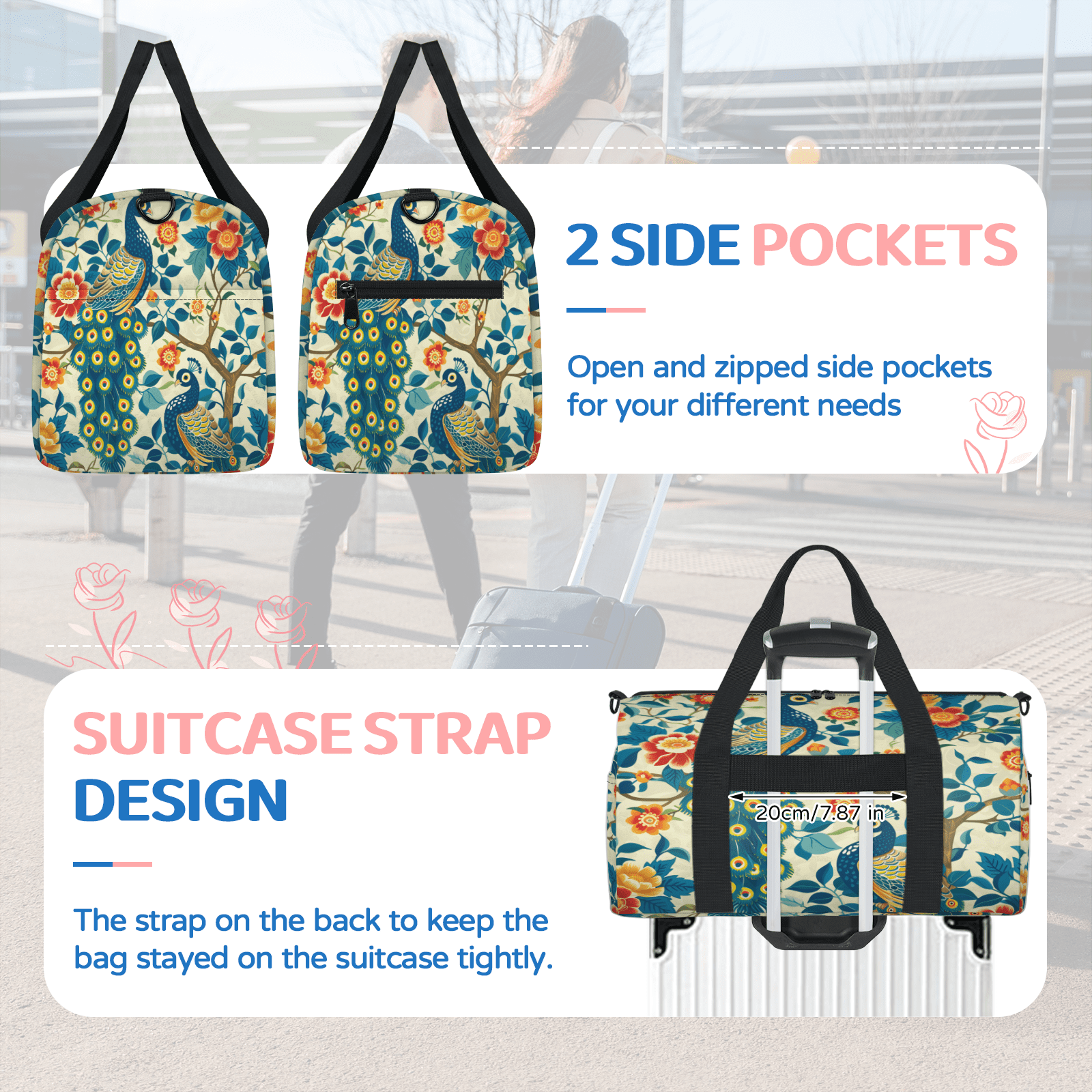 Herdesigns Peacock Travel Duffle Bag Sports Yoga Weekender Overnight Carry on Workout Bags Lightweight Waterproof Gym Tote Bag for Women Peacock Flower